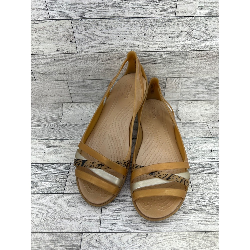 Crocs Isabella Huarache 2 Flat Sandals Bronze Gold Leopard Print Women Sz 8